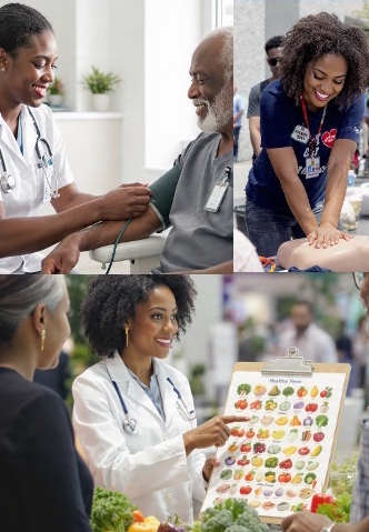 pictures of nurses or doctors performing blood pressure tests, CPR demonstrations, and pointing out healthy food choices